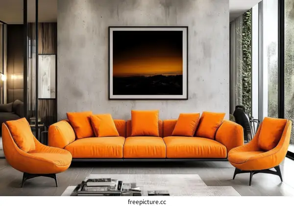 Modern Living Room with Orange Sofa and Artwork