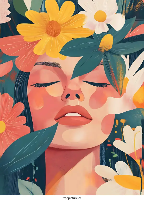 Woman Surrounded by Flowers Illustration