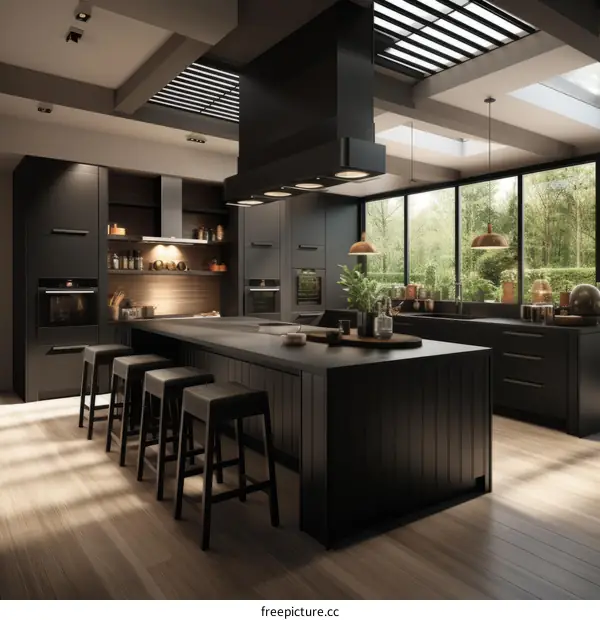 Black kitchen island with breakfast bar and wood flooring