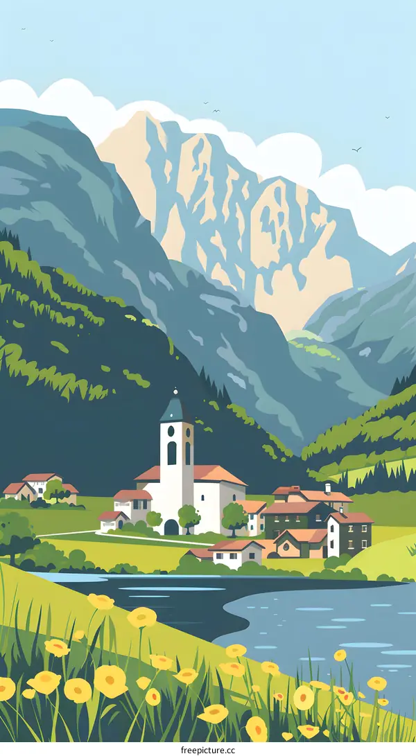 Picturesque Mountain Village With Church and Lake