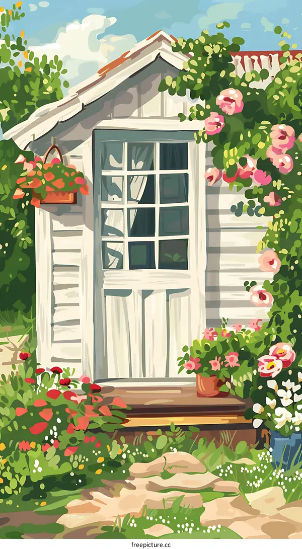 White Cottage Doorway with Flowers