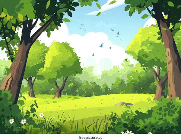 Summer Forest Landscape with Green Trees and Birds