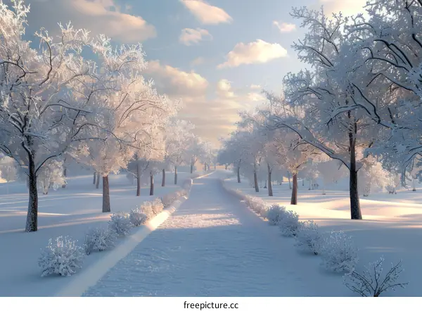 A snowy path through a park