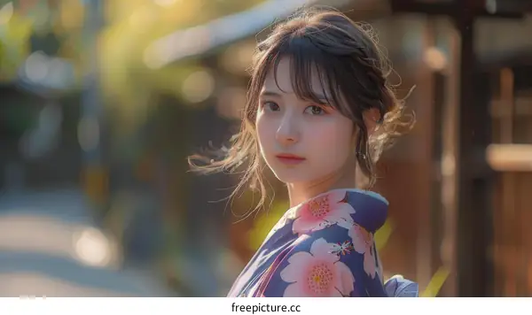 Beautiful Asian Woman in Traditional Japanese Kimono