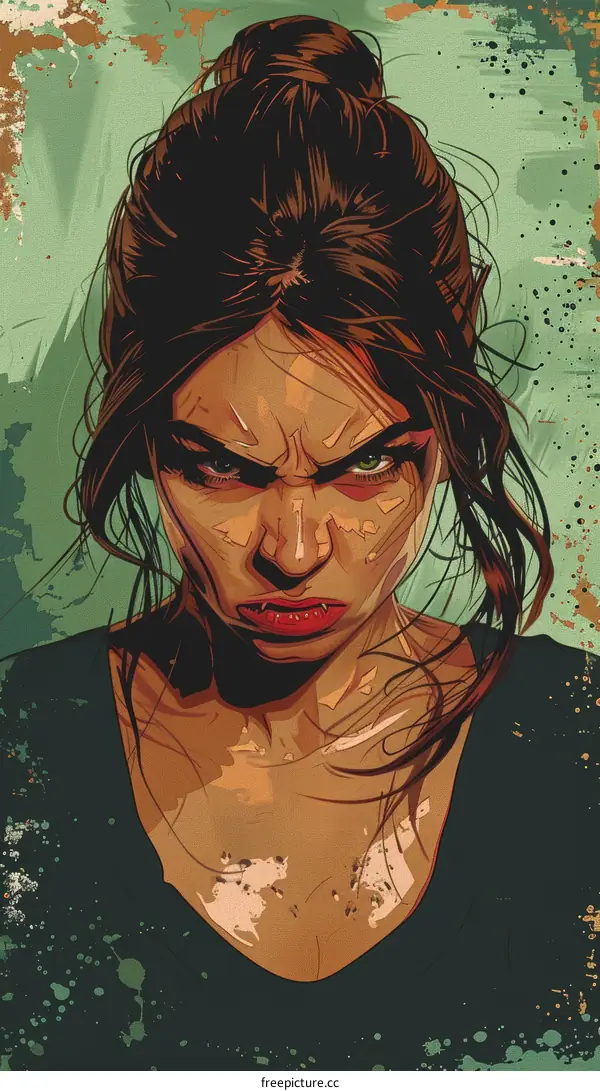 portrait of a vampire woman with red eyes and fangs