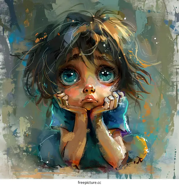 An illustration of a sad anime girl with big blue eyes and brown hair