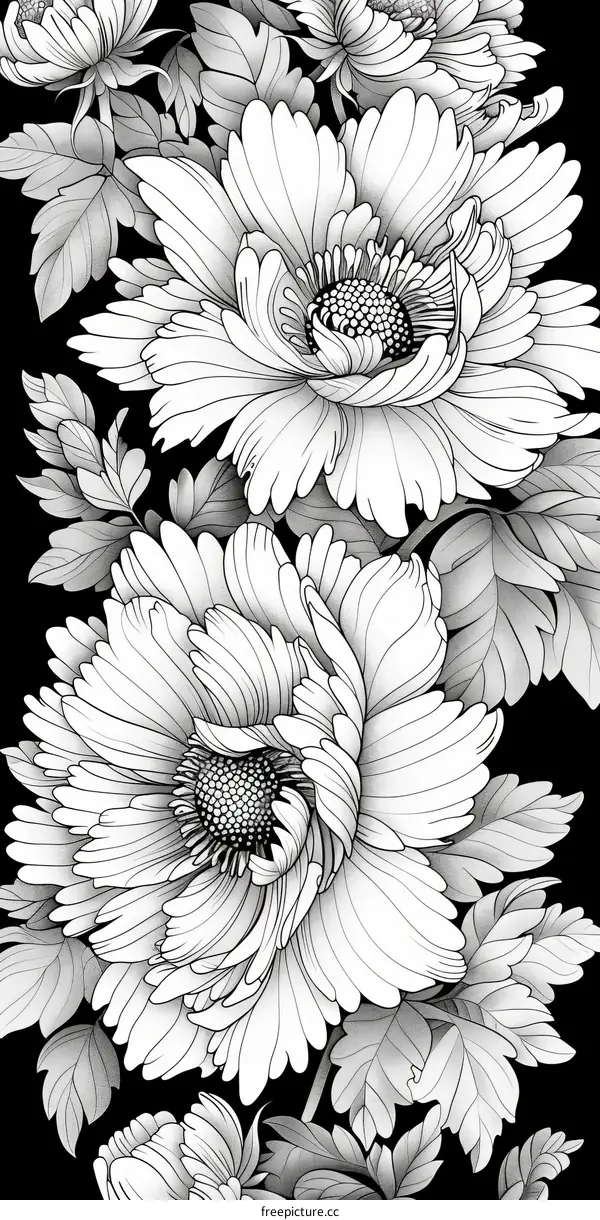 Elegant Black and White Peony Line Drawing