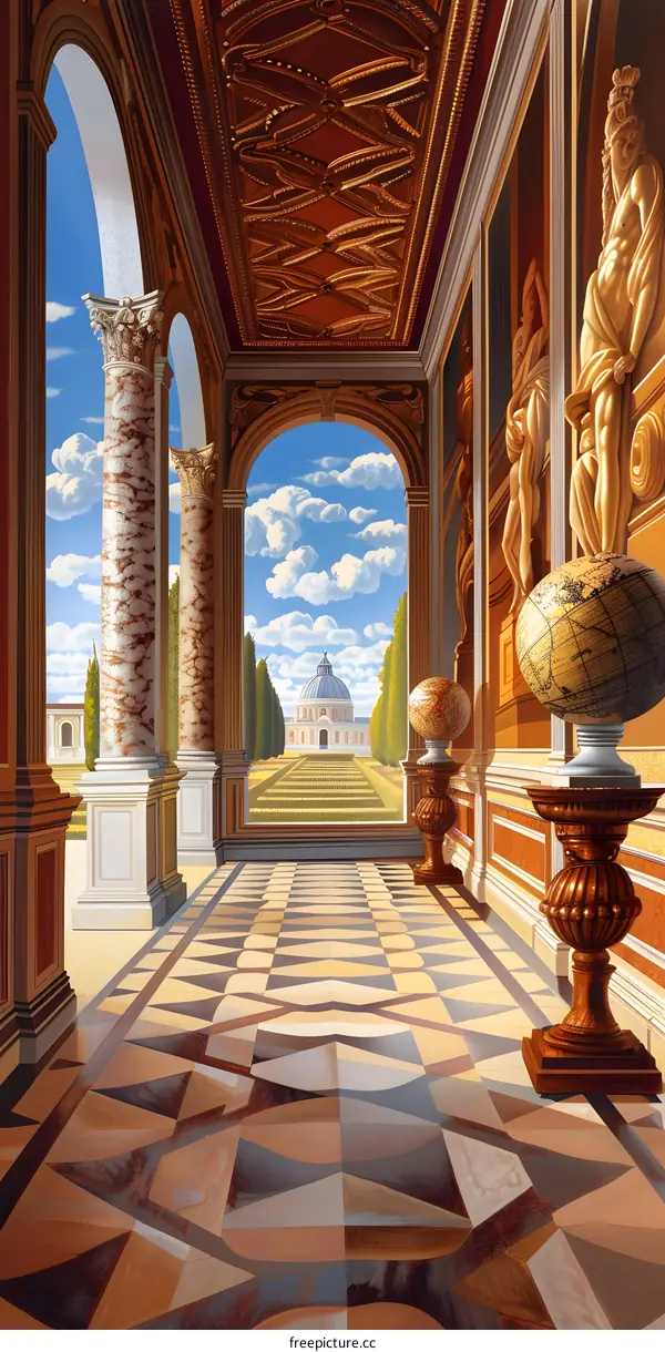 Classical Architecture Hallway With Marble Columns And A View Of A Building