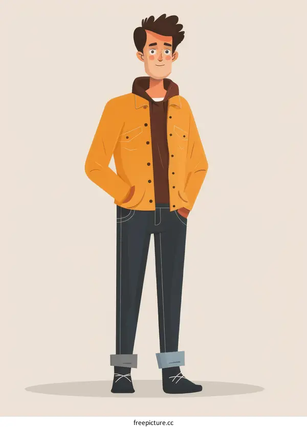 A man wearing a yellow jacket and blue jeans