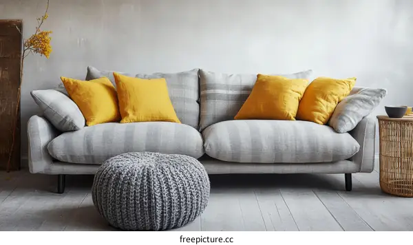 Modern Gray Sofa with Mustard Yellow Pillows