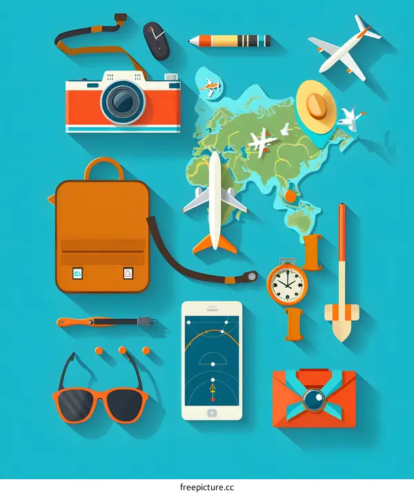 Travel Accessories Set Illustration with World Map