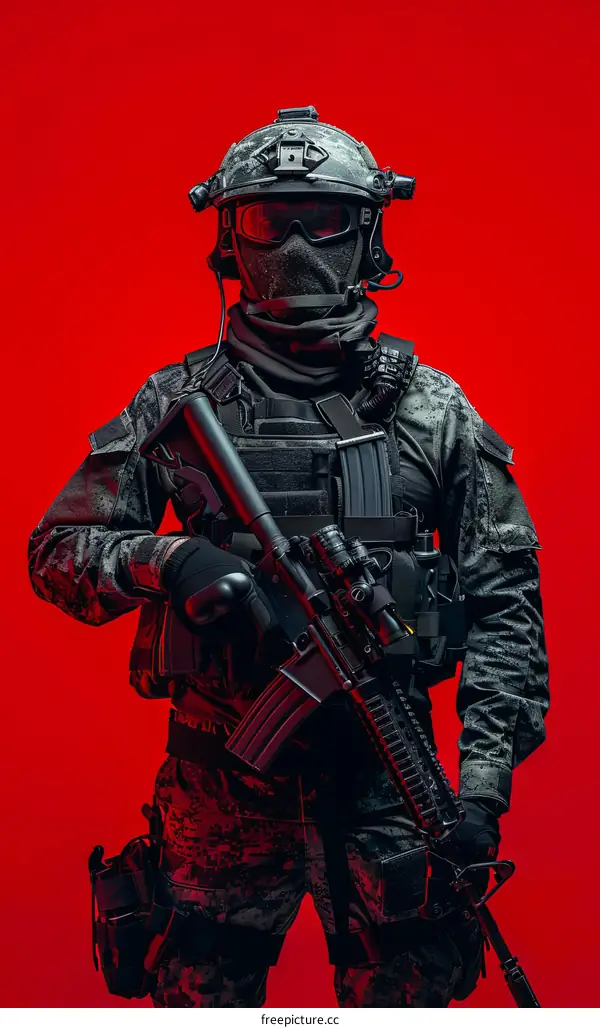 Special forces soldier in black uniform and mask holding a gun