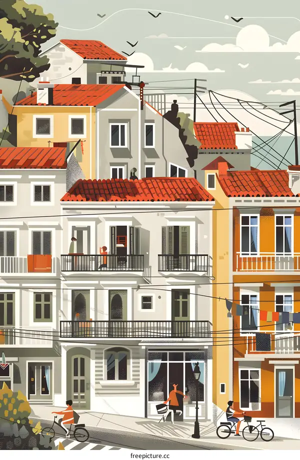 Colorful Illustration of a European Town with Red Tile Roofs