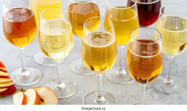Assortment Of Apple Cider In Glasses With Apples