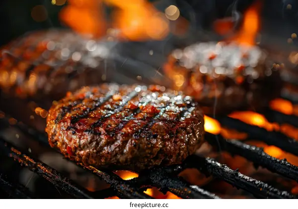 Beef patty on a flaming grill