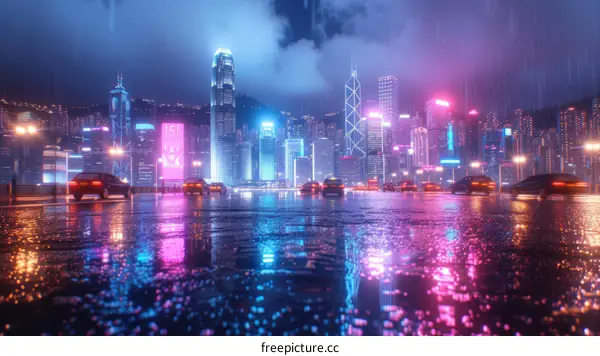 Cityscape of Hong Kong with neon lights reflecting off the wet road