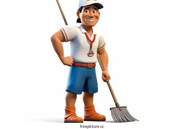 Happy smiling janitor holding a mop