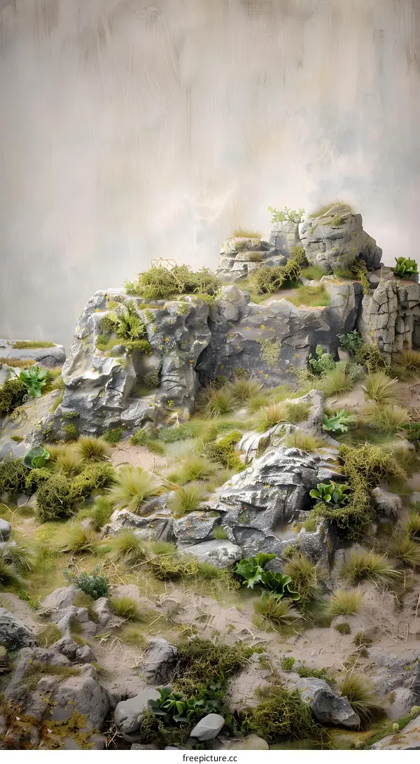 Stone Hill Landscape with Moss and Grass