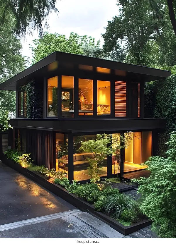 Modern Black House with Large Windows and Green Plants