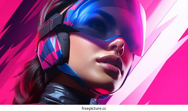 A woman wearing a futuristic helmet with a visor