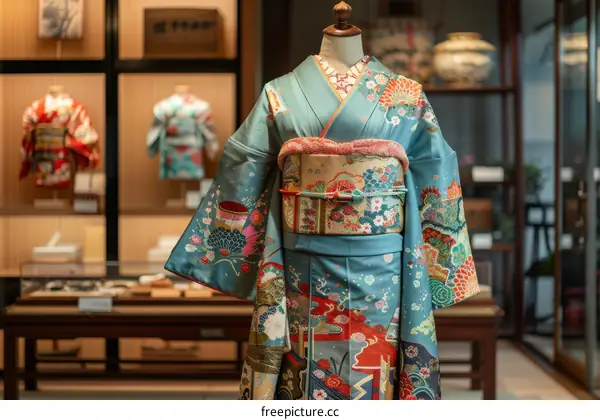 A kimono with a floral pattern and a red obi sash displayed on a mannequin in a traditional Japanese room