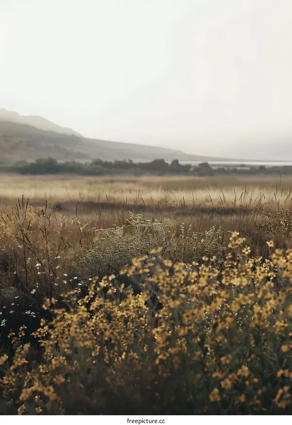 Beautiful Golden Wildflowers in Field With Mountain Range in Background