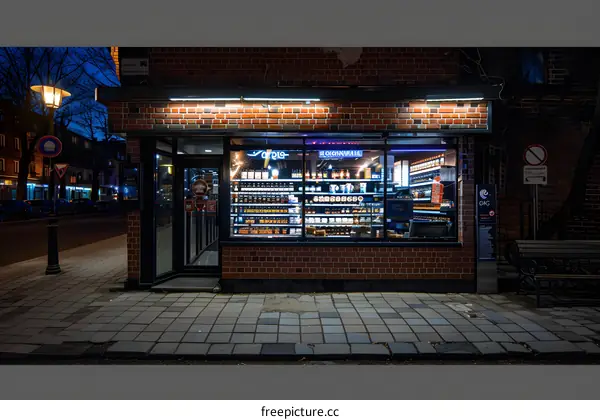 Night View of a Brick Building with a Storefront