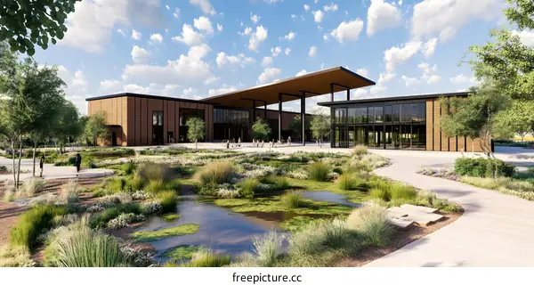 Modern Sustainable Building with Green Landscaping