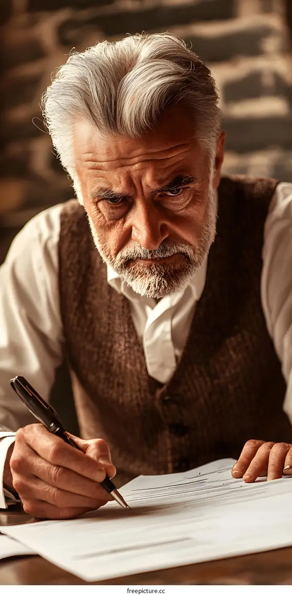 Senior Man Signing Important Documents with Serious Expression