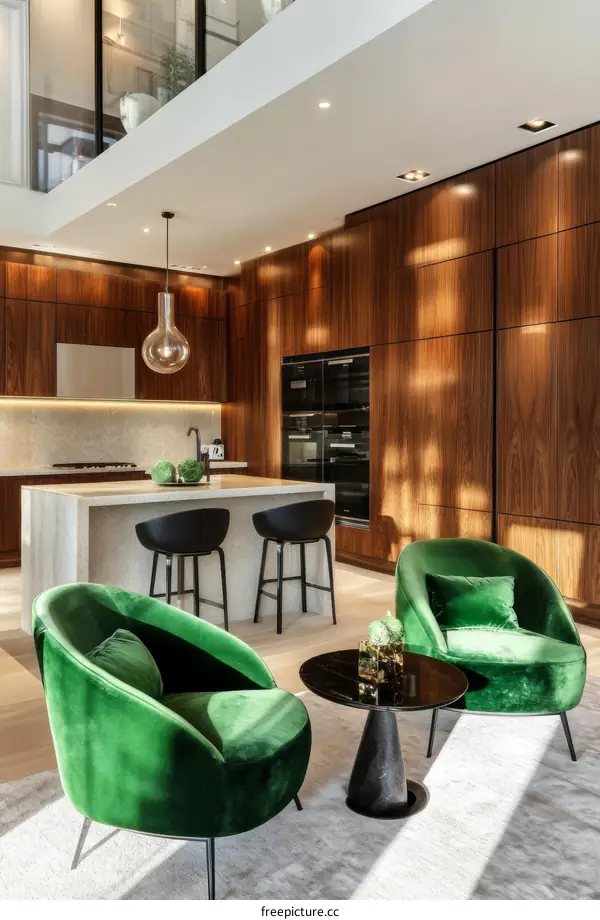 Modern Kitchen Area with Emerald Green Armchairs