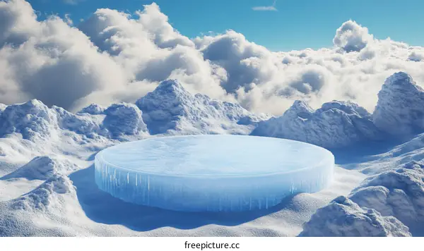 Frozen Ice Platform on Snowy Mountain Peaks