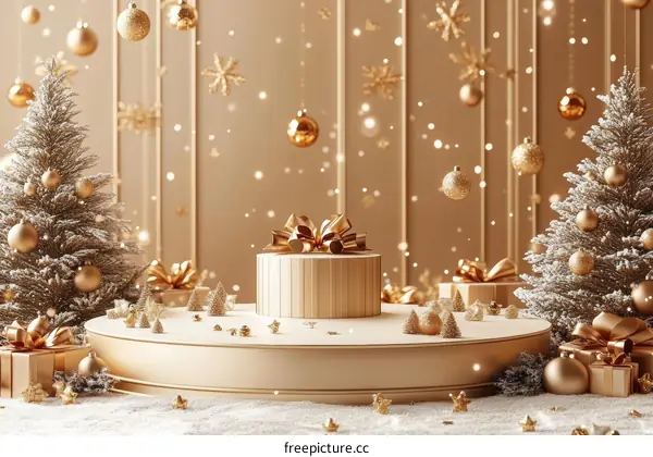 Christmas Scene with Golden Decorations and Presents