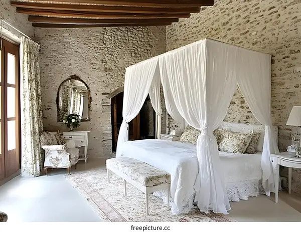 White Canopy Bed in Rustic Bedroom