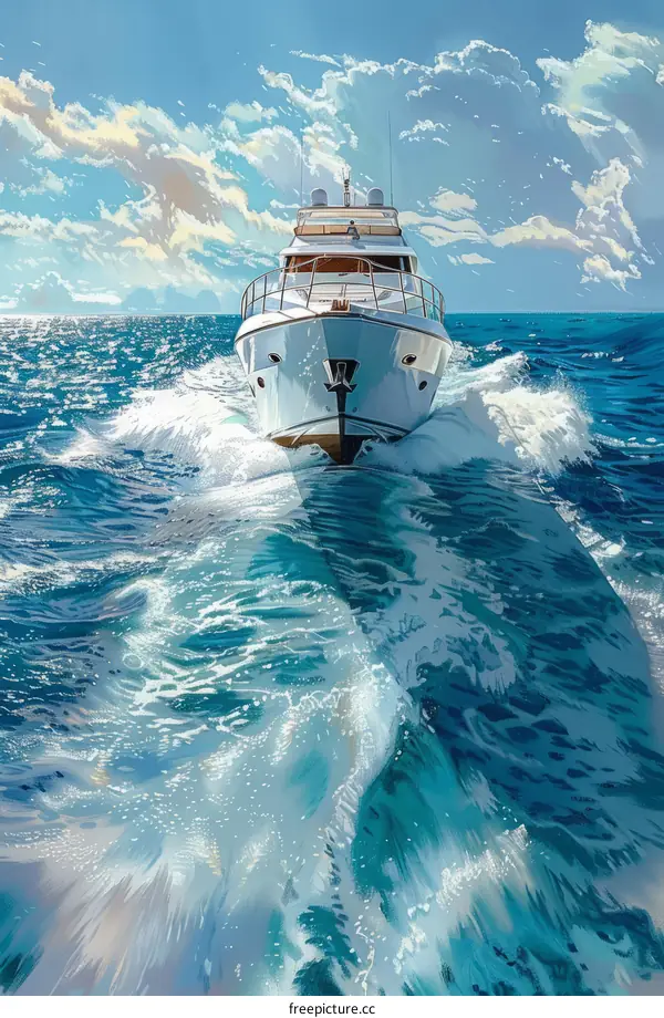 Blue and white speedboat cruising through the high seas