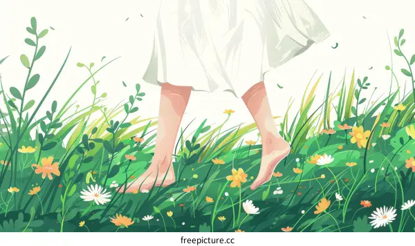 Barefoot Girl Strolling Through Flower Meadow