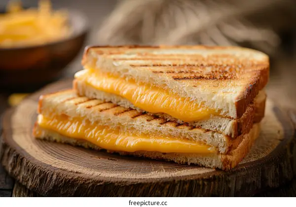 A grilled cheese sandwich cut in half on a wooden table