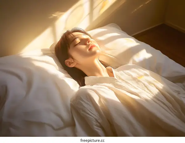 Beautiful Woman Sleeping in Bed with Sun Light