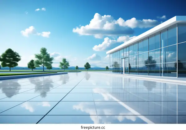 Modern glass office building with blue sky and green trees