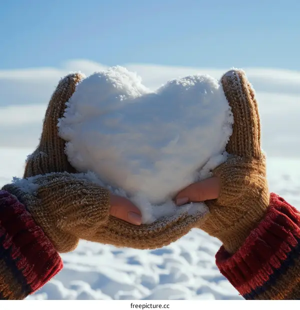 Close up of a person holding a heart shaped snowball in the snow