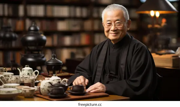 Portrait of a smiling elderly Asian man in traditional clothing sitting at a table with teapots and teacups