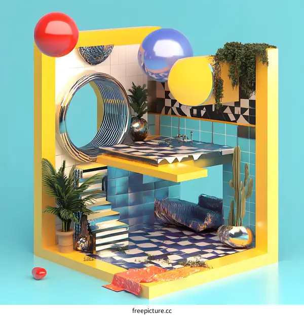 Abstract 3D Rendered Interior Design with Geometric Shapes and Plants