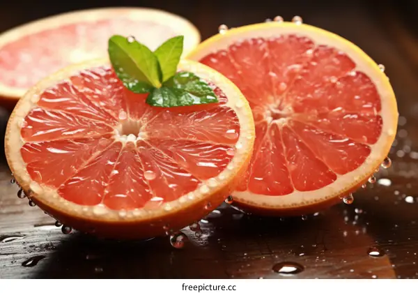 Close-up image of fresh and juicy grapefruit halves