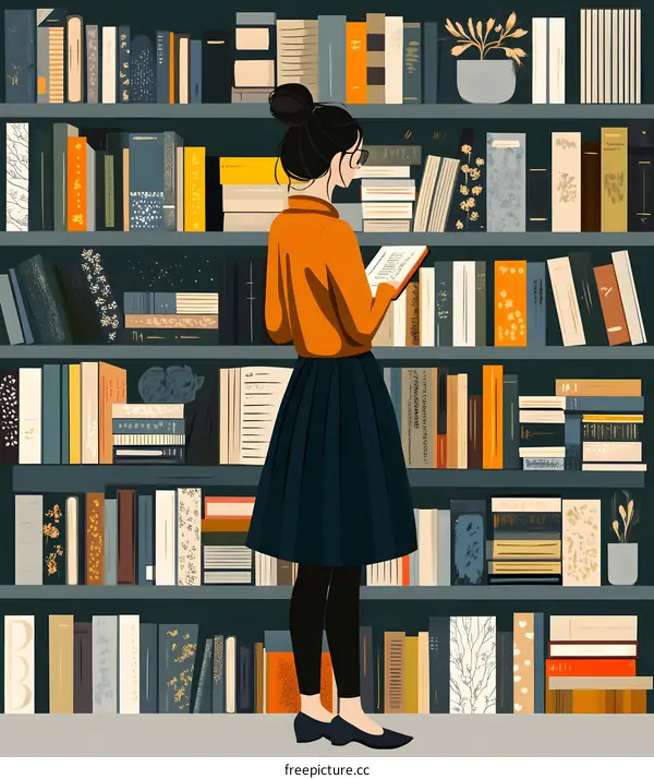 Woman Reading in a Library with Bookshelves