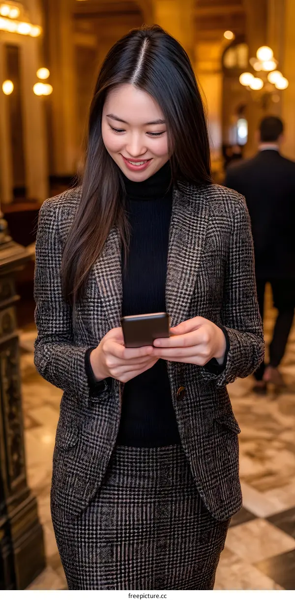 Young Asian Woman in Plaid Suit Using Smartphone in a Grand Hall