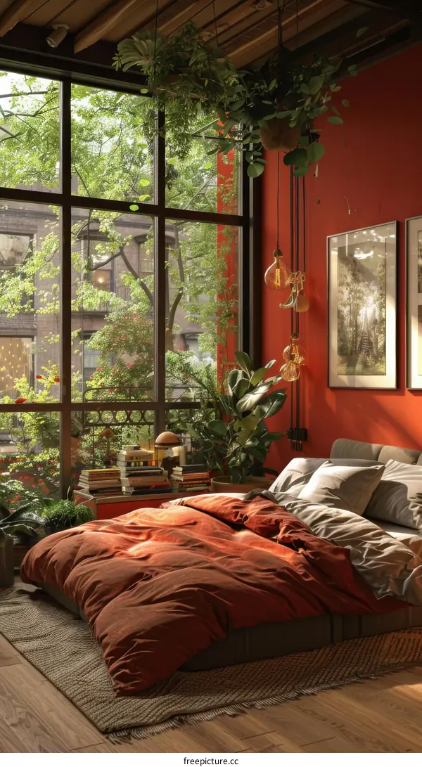 Rustic Chic Bedroom with Lush Plants and Big Windows