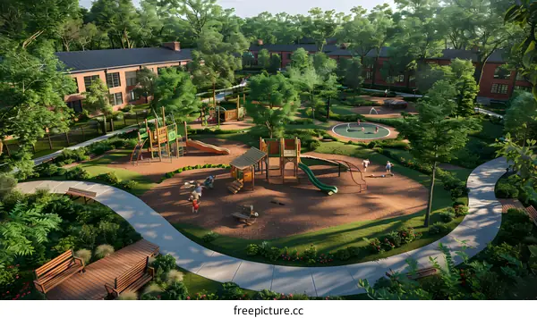 playground in a park with children playing on it