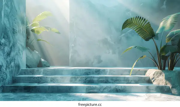 Modern Minimalist Marble Steps with Sunlight and Plants