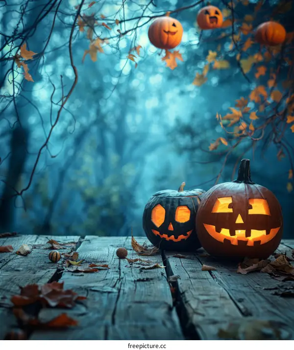 Two Halloween pumpkins sit on a wooden table in a spooky forest