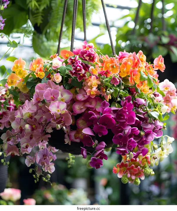 Hanging Basket of Colorful Orchids and Flowers