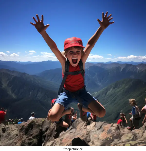 Ecstatic Young Hiker Celebrates Mountain Summit Achievement